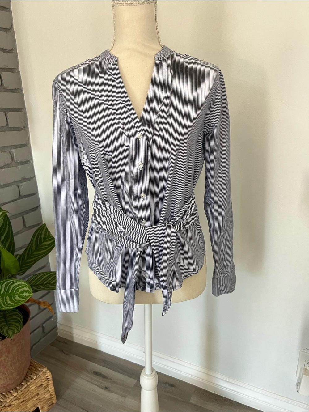BB Dakota Blue and White Pinstripe Tie-Front Button Down